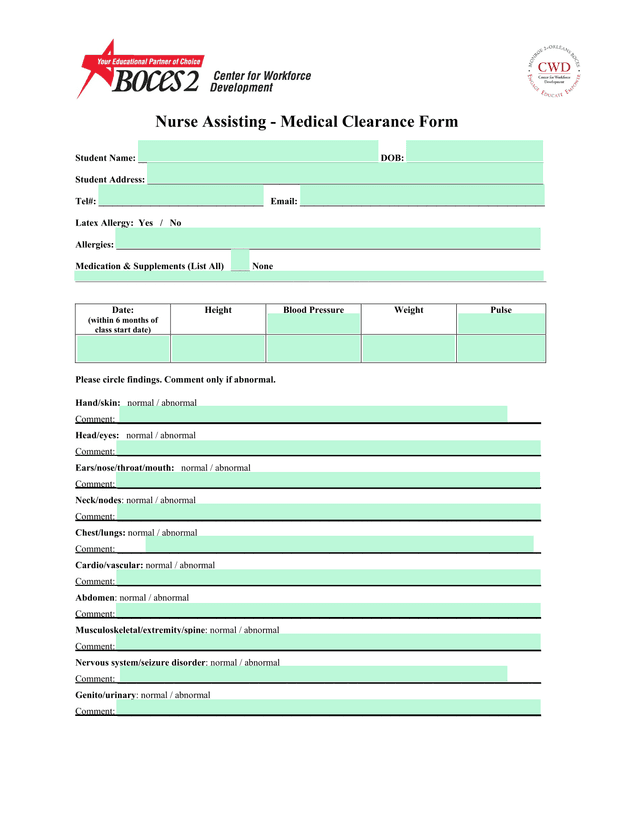 Nurse Assisting   Medical Clearance Form screenshot