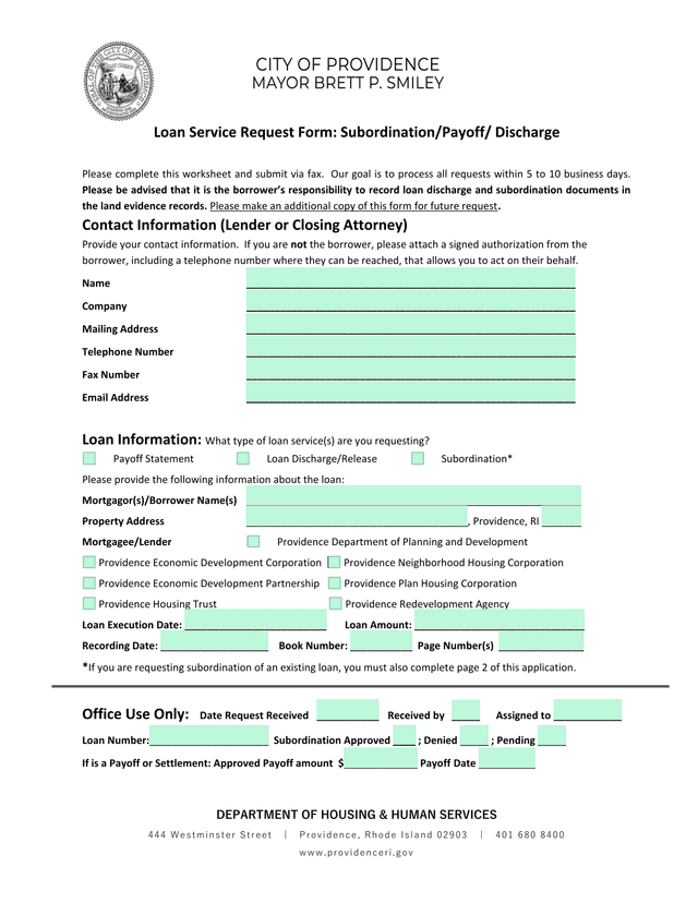 Loan Service Request Form SubordinationPayoffDischarge screenshot