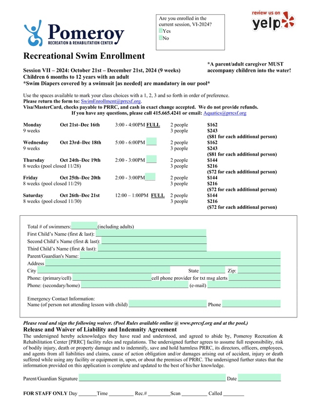 Recreational Swim Enrollment screenshot