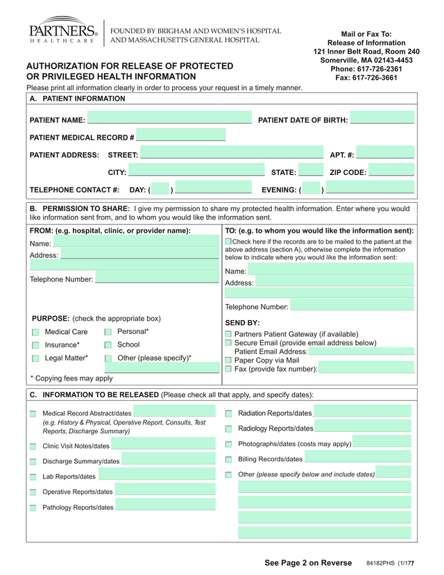 Authorization For Release Of Protected Or Privileged Health Information screenshot