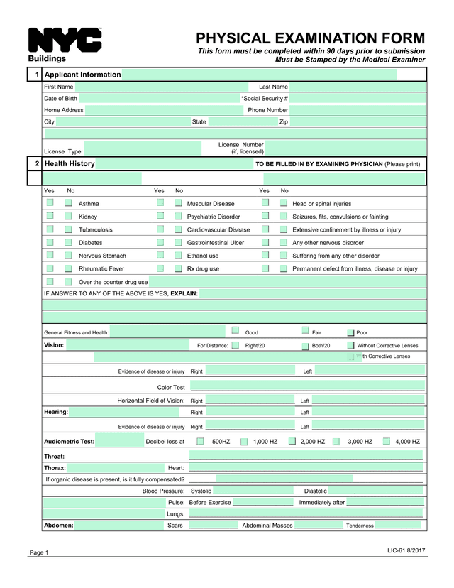 PHYSICAL EXAMINATION FORM screenshot