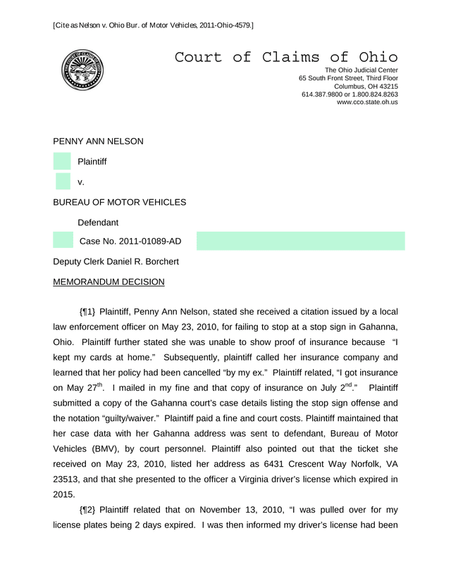 Memorandum Decision Nelson V. Ohio Bureau Of Motor Vehicles screenshot