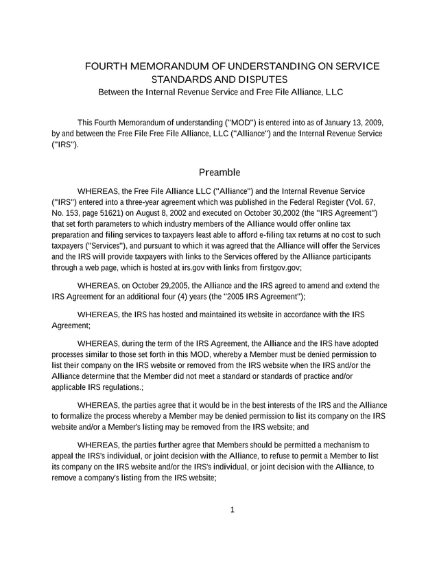 Fourth Memorandum Of Understanding On Service Standards And Disputes screenshot