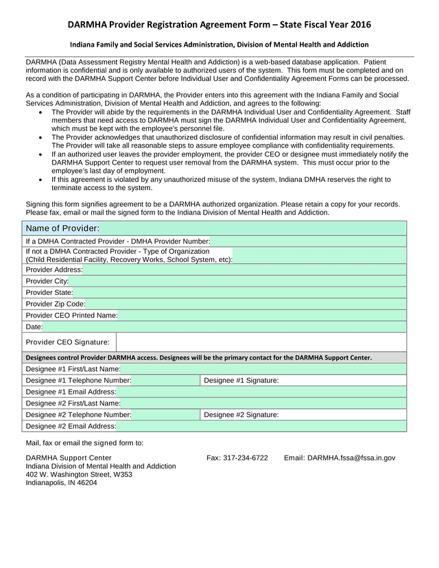 DARMHA Provider Registration Agreement Form  State Fiscal Year 2016 screenshot