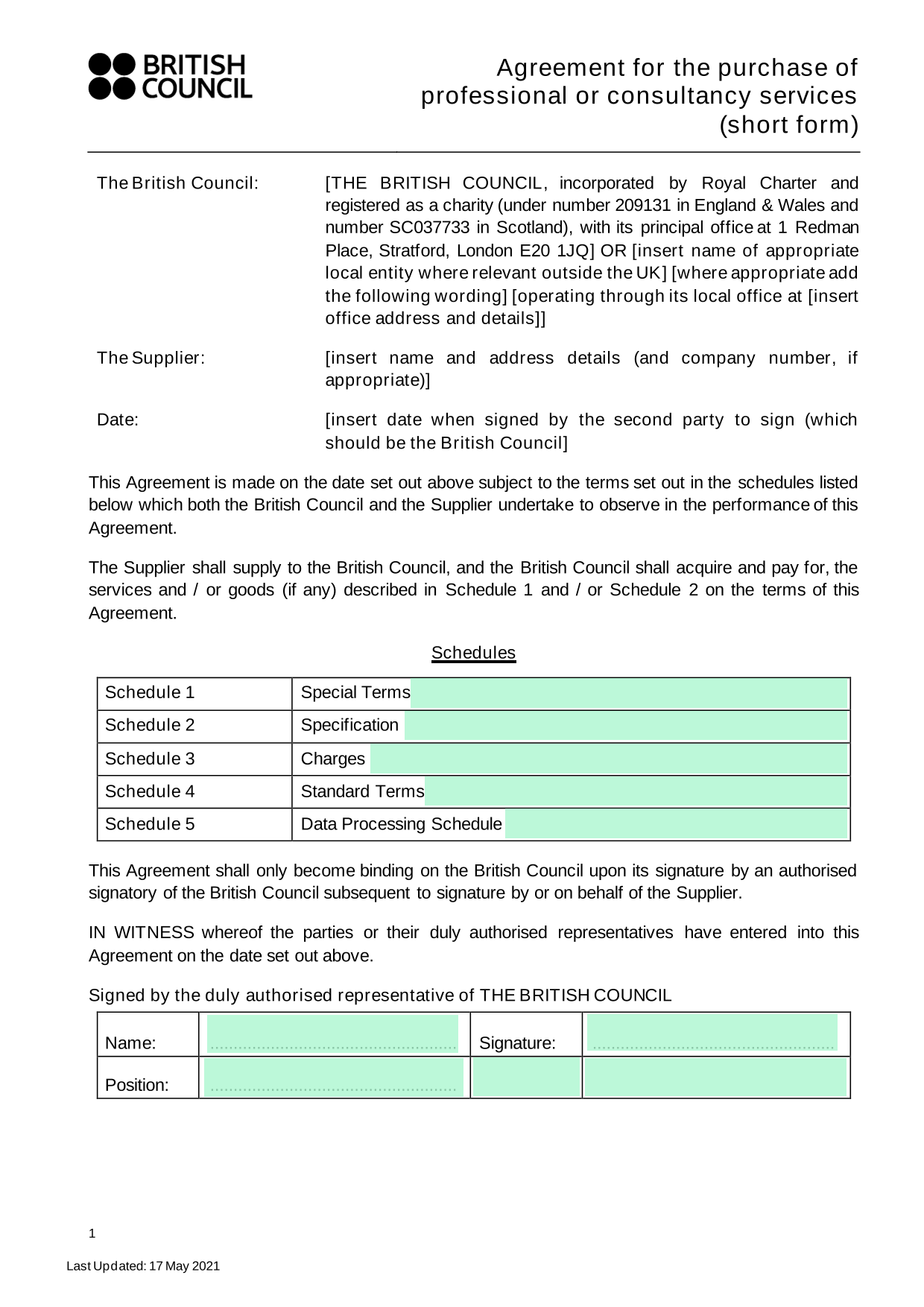 Agreement For The Purchase Of Professional Or Consultancy Services (Short Form) screenshot