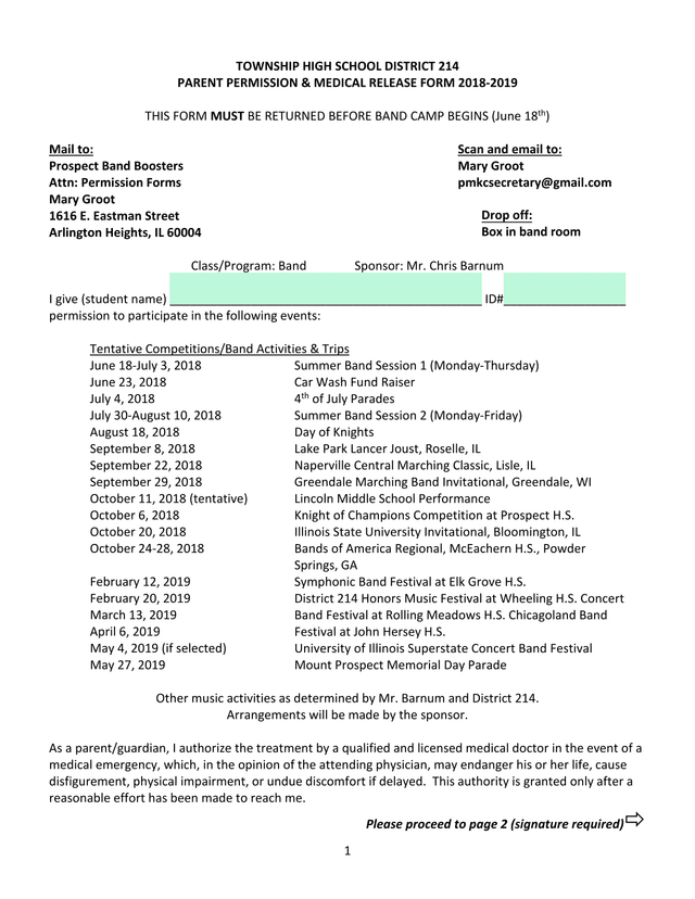 Township High School District 214 Parent Permission  Medical Release Form 2018 2019 screenshot