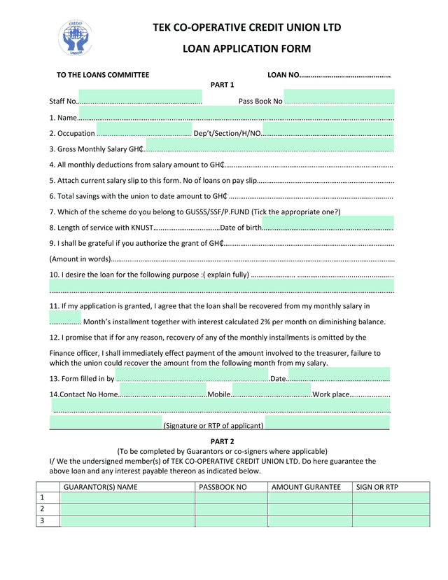 TEK CO OPERATIVE CREDIT UNION LTD LOAN APPLICATION FORM screenshot