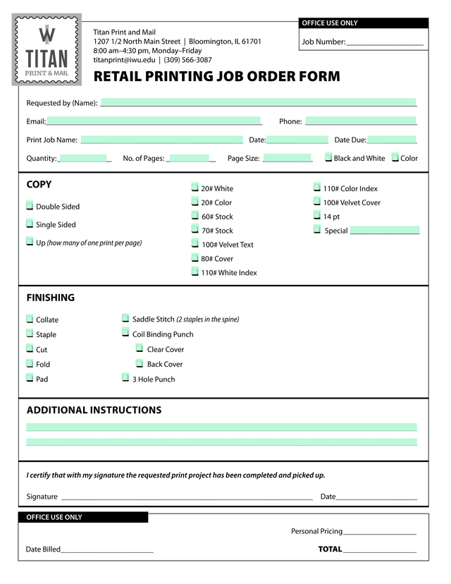 Retail Printing Job Order Form screenshot