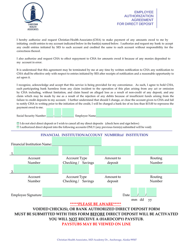 EMPLOYEE AUTHORIZATION AGREEMENT FOR DIRECT DEPOSIT screenshot