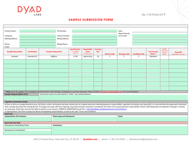 GL 110 Form 01 F Sample Submission Form screenshot