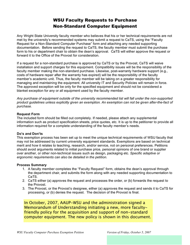 WSU Faculty Computer Purchase Exemption Petition screenshot