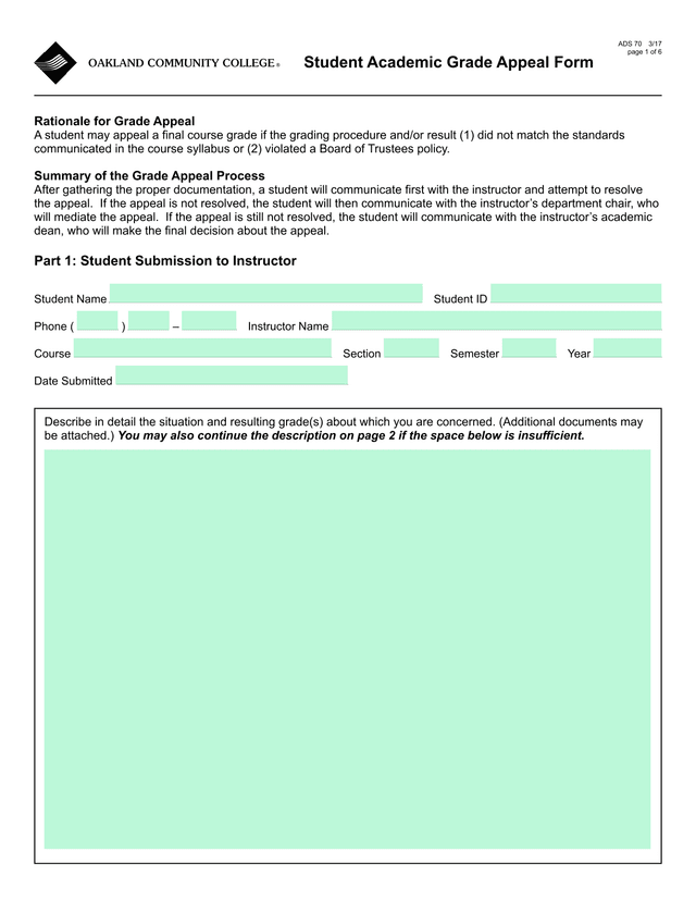 Student Academic Grade Appeal Form screenshot