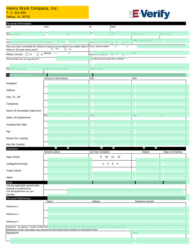 Henry Brick Company Employment Application screenshot