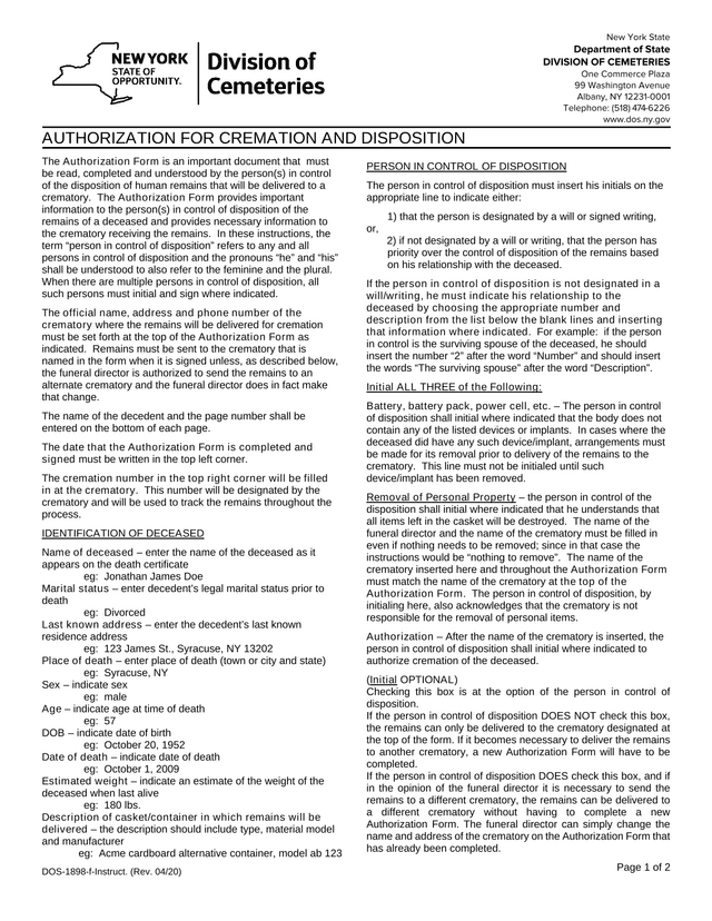Authorization For Cremation And Disposition screenshot