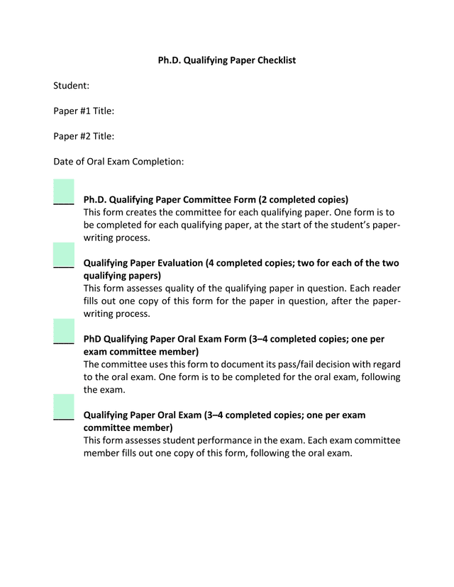 Ph.D. Qualifying Paper Checklist screenshot