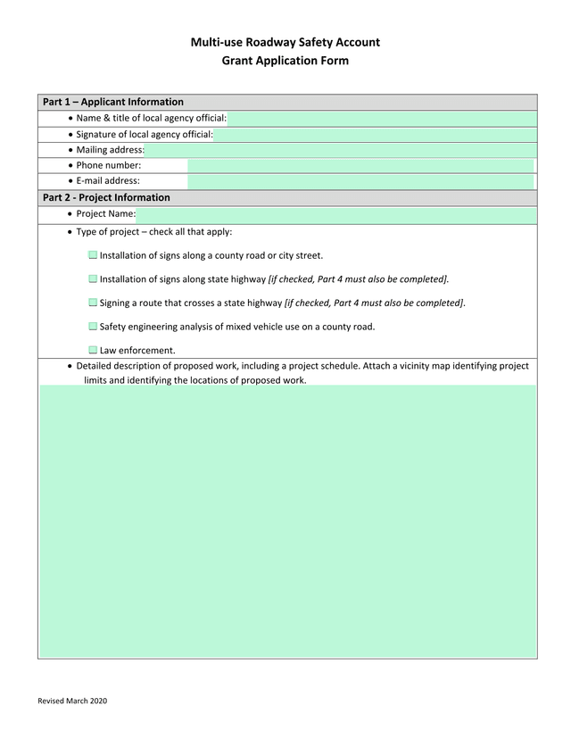Multi Use Roadway Safety Account Grant Application Form screenshot