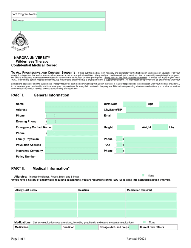 Naropa University Wilderness Therapy Confidential Medical Record screenshot