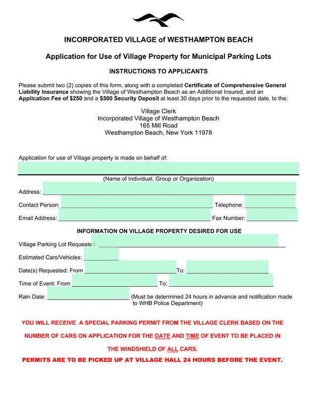 Application For Use Of Village Property For Municipal Parking Lots screenshot