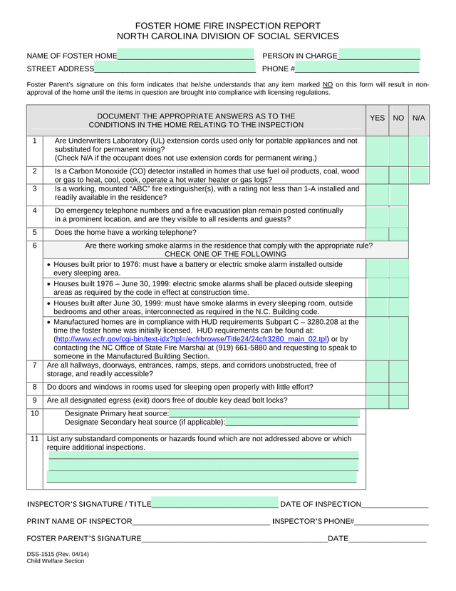 DSS 1515 Foster Home Fire Inspection Report screenshot