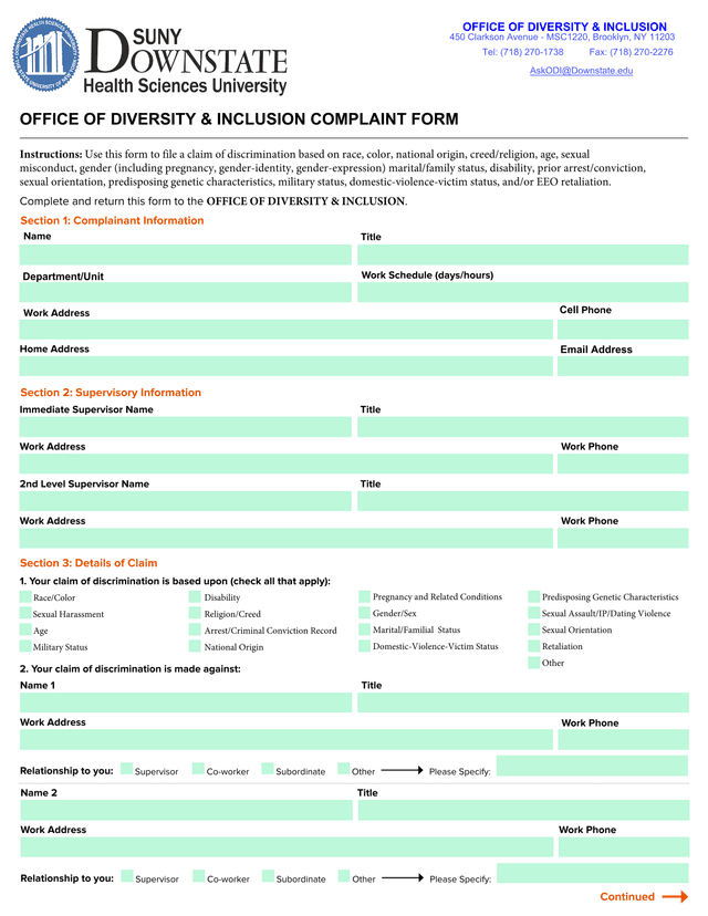 Office Of Diversity  Inclusion Complaint Form screenshot