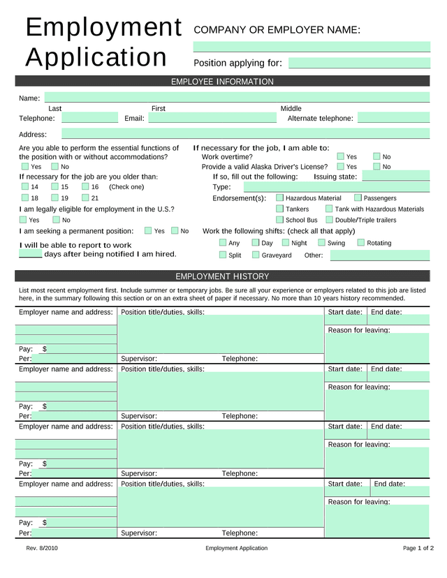 Employment Application screenshot