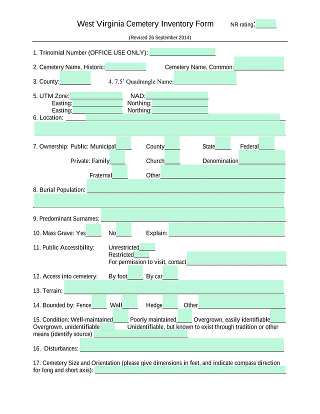 West Virginia Cemetery Inventory Form screenshot