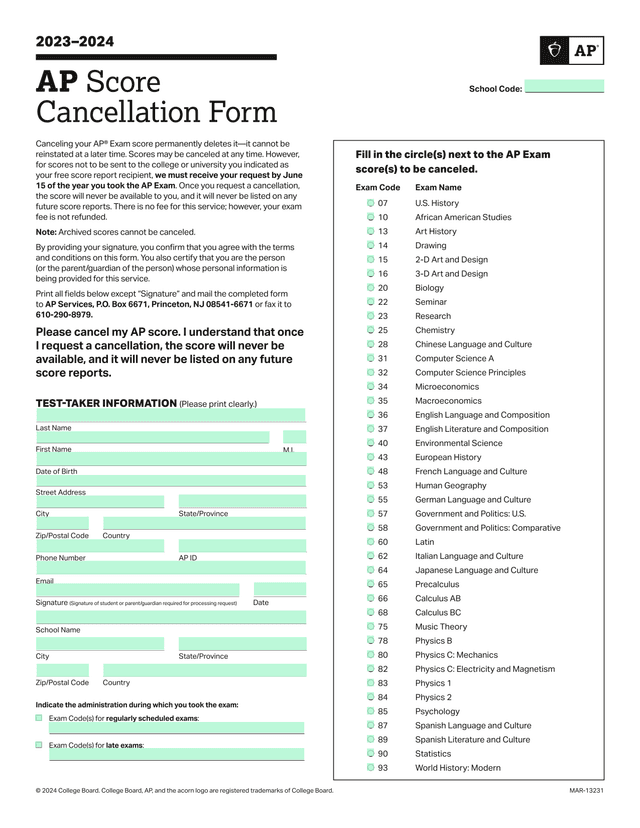 20232024 AP Score Cancellation Form screenshot