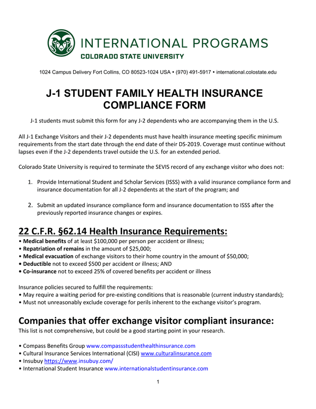 J 1 STUDENT FAMILY HEALTH INSURANCE COMPLIANCE FORM screenshot