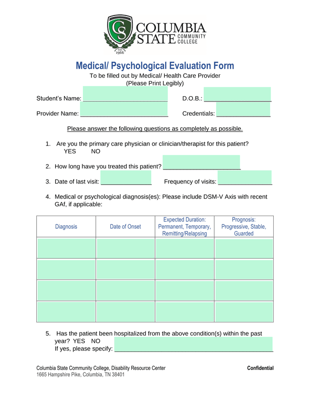 Medical Psychological Evaluation Form screenshot