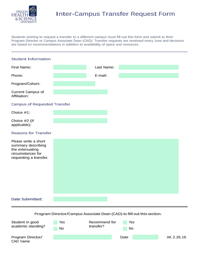 Inter Campus Transfer Request Form screenshot