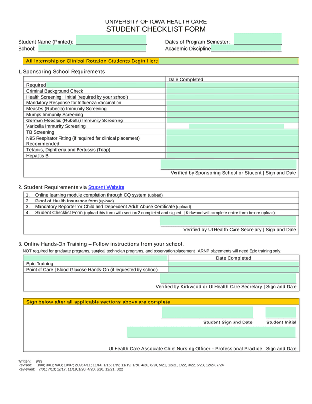 University Of Iowa Health Care Student Checklist Form screenshot