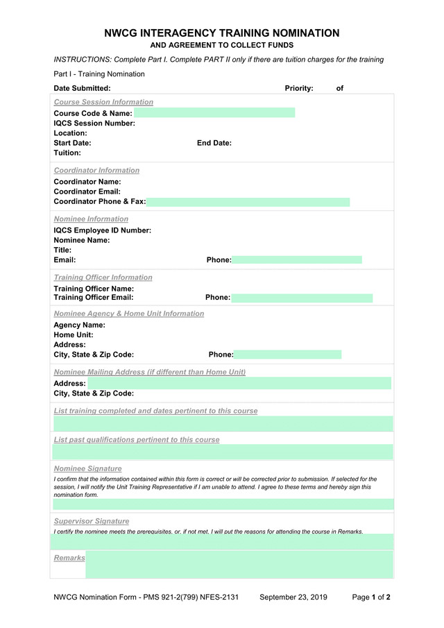 NWCG Interagency Training Nomination And Agreement To Collect Funds screenshot
