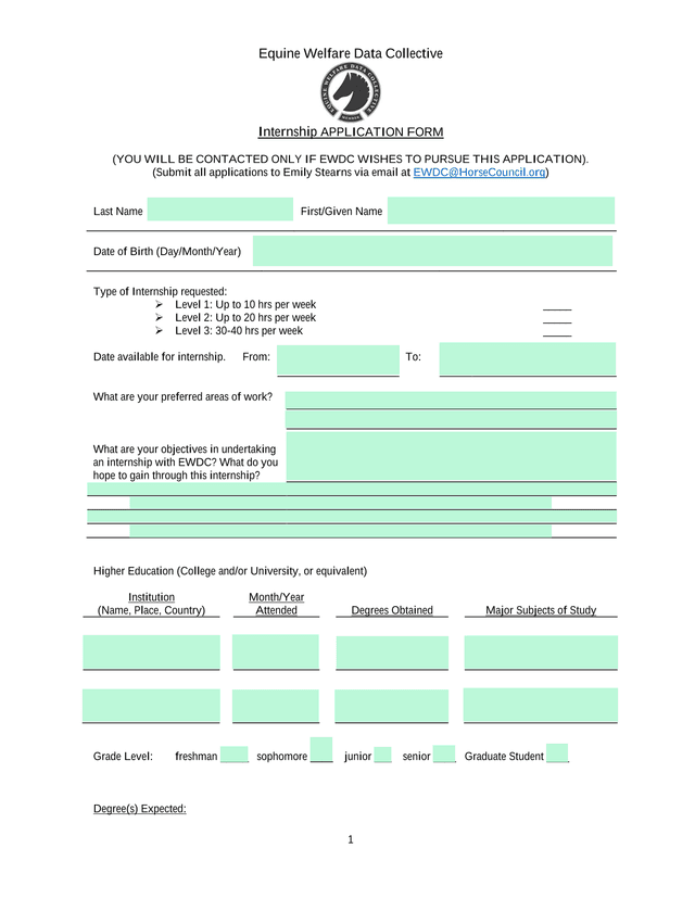 Equine Welfare Data Collective Internship APPLICATION FORM screenshot
