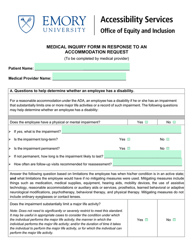 MEDICAL INQUIRY FORM IN RESPONSE TO AN ACCOMMODATION REQUEST screenshot
