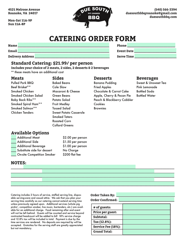Catering Order Form screenshot