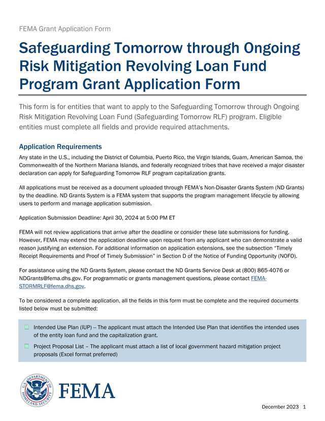FEMA Grant Application Form Safeguarding Tomorrow Through Ongoing Risk Mitigation Revolving Loan Fun screenshot