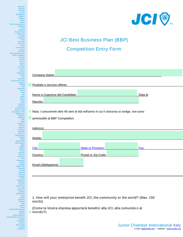 JCI Best Business Plan (BBP) Competition Entry Form screenshot