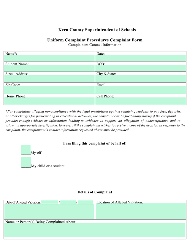 Uniform Complaint Procedures Complaint Form screenshot