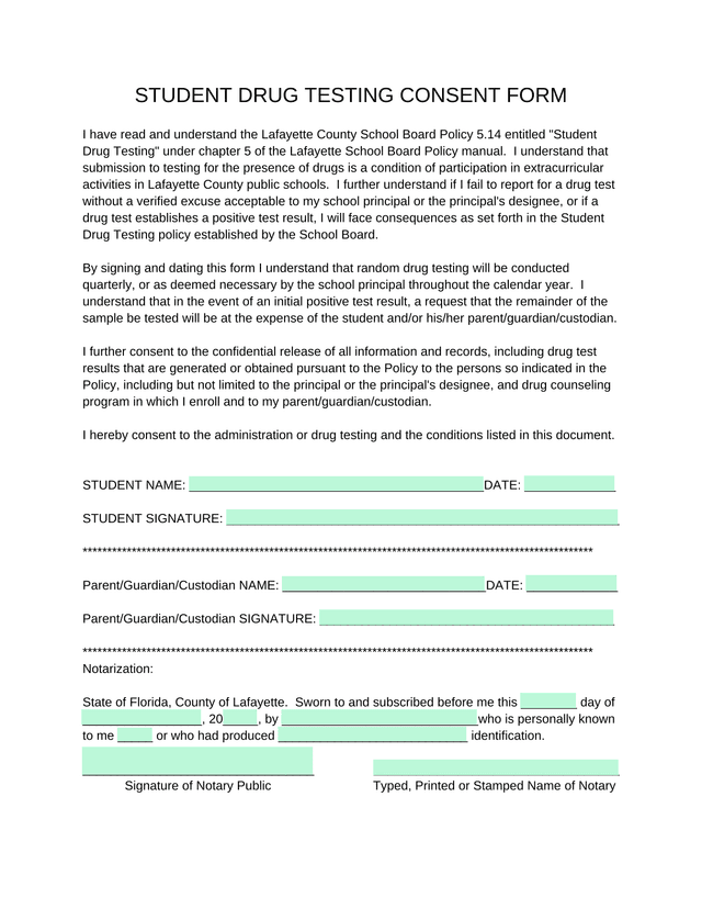 Student Drug Testing Consent Form screenshot