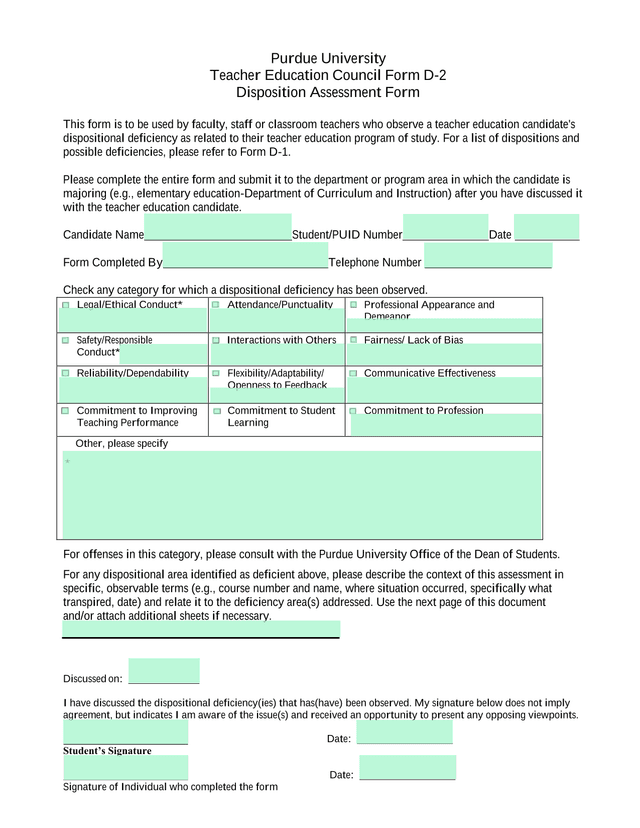 Purdue University Teacher Education Council Form D 2 Disposition Assessment Form screenshot