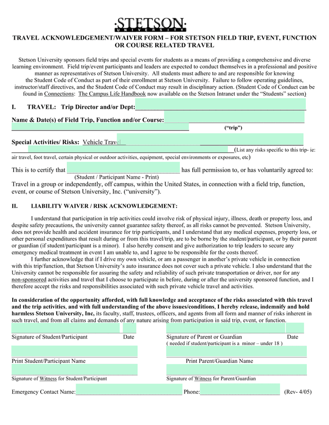Travel AcknowledgementWaiver Form   For Stetson Field Trip, Event, Function Or Course Related Travel screenshot
