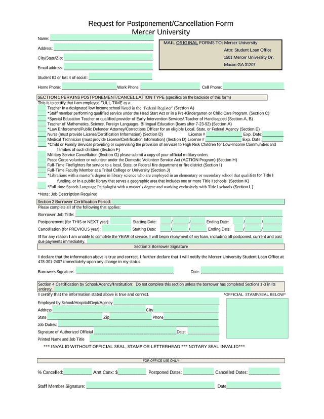 Request For PostponementCancellation Form screenshot