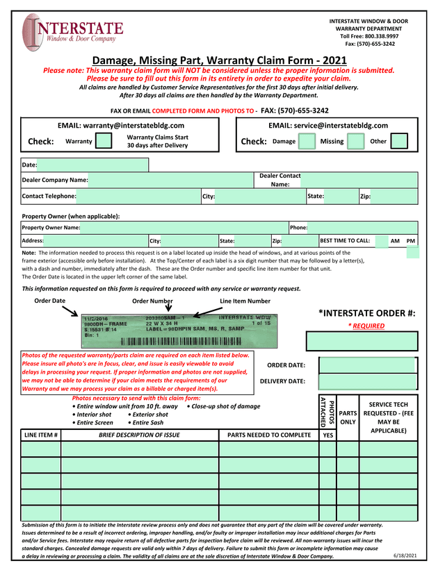 Damage, Missing Part, Warranty Claim Form   2021 screenshot