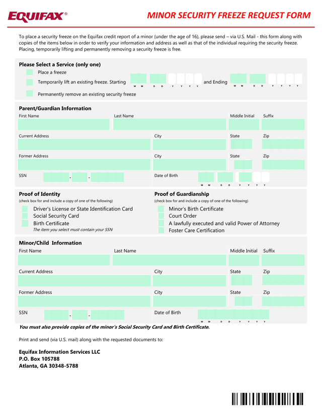 Minor Security Freeze Request Form screenshot