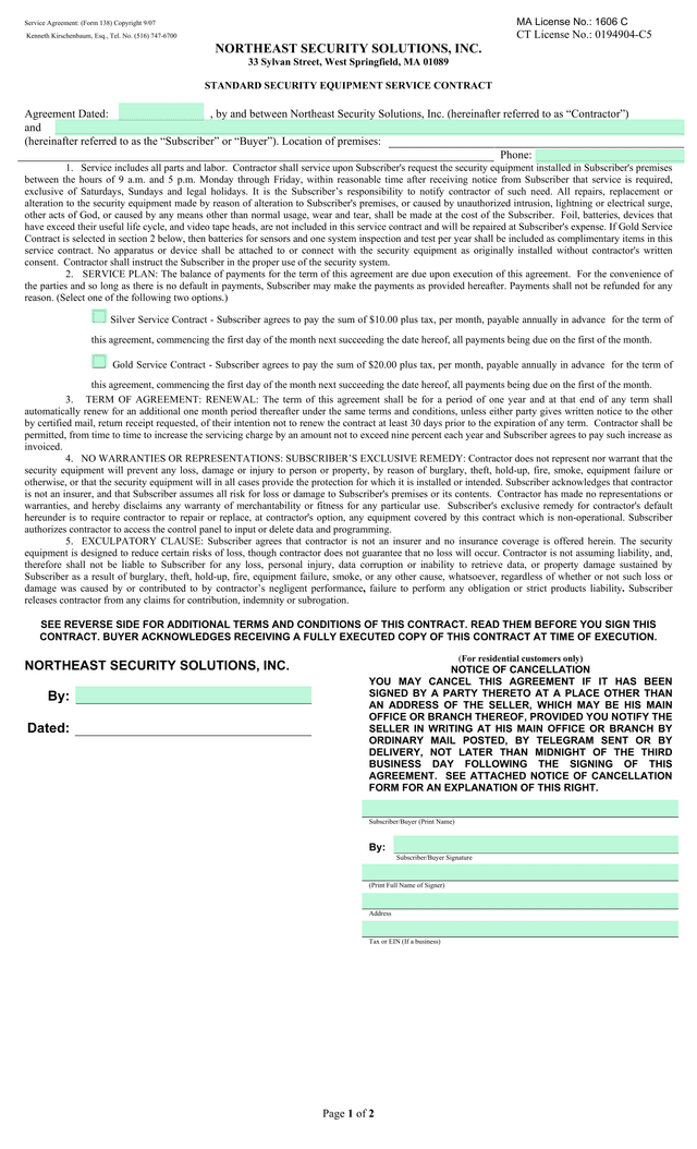 STANDARD SECURITY EQUIPMENT SERVICE CONTRACT (Form 138) screenshot
