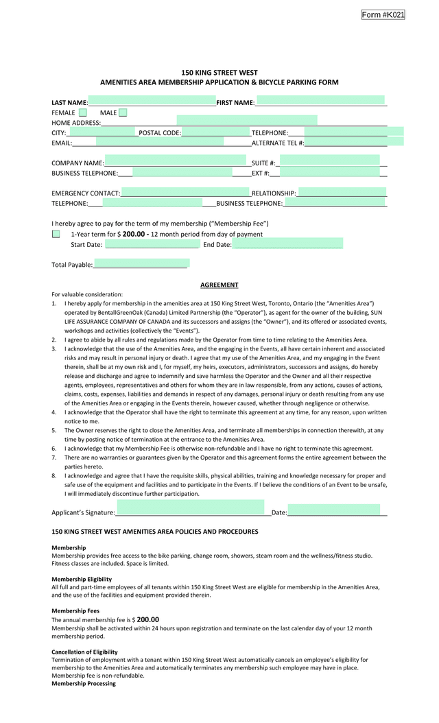 Amenities Area Membership Application  Bicycle Parking Form screenshot