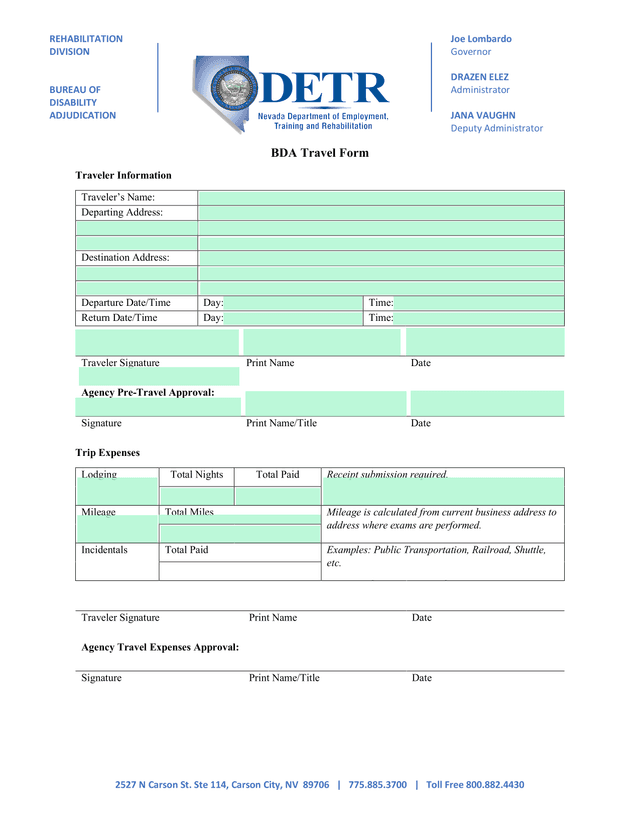 BDA Travel Form screenshot
