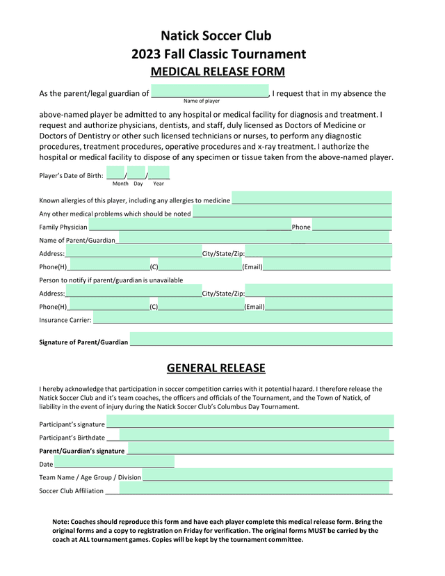 Natick Soccer Club 2023 Fall Classic Tournament Medical Release Form screenshot