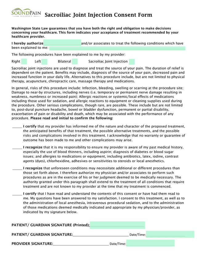 Sacroiliac Joint Injection Consent Form screenshot