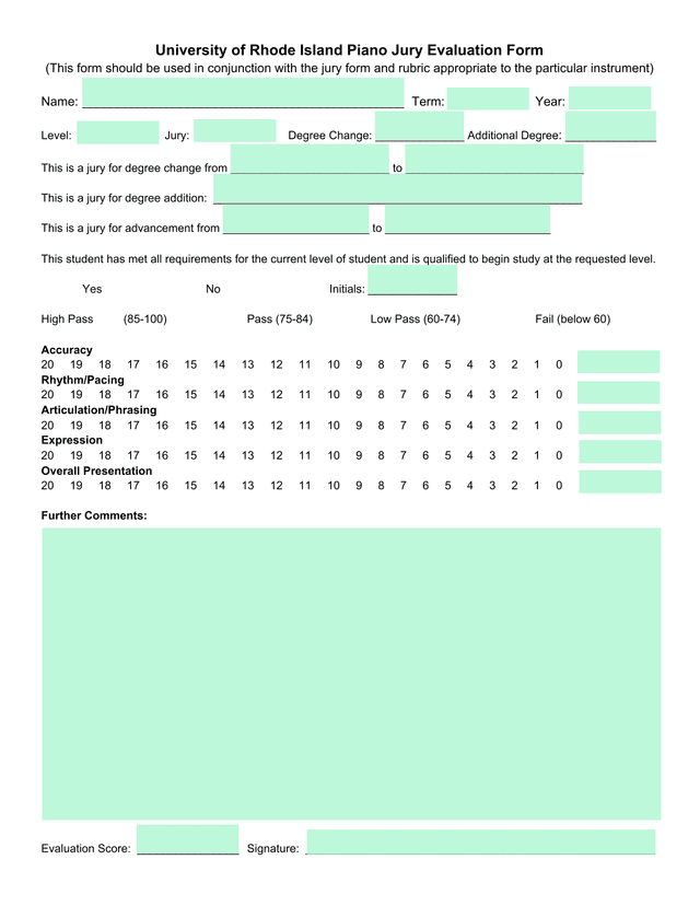 University Of Rhode Island Piano Jury Evaluation Form screenshot